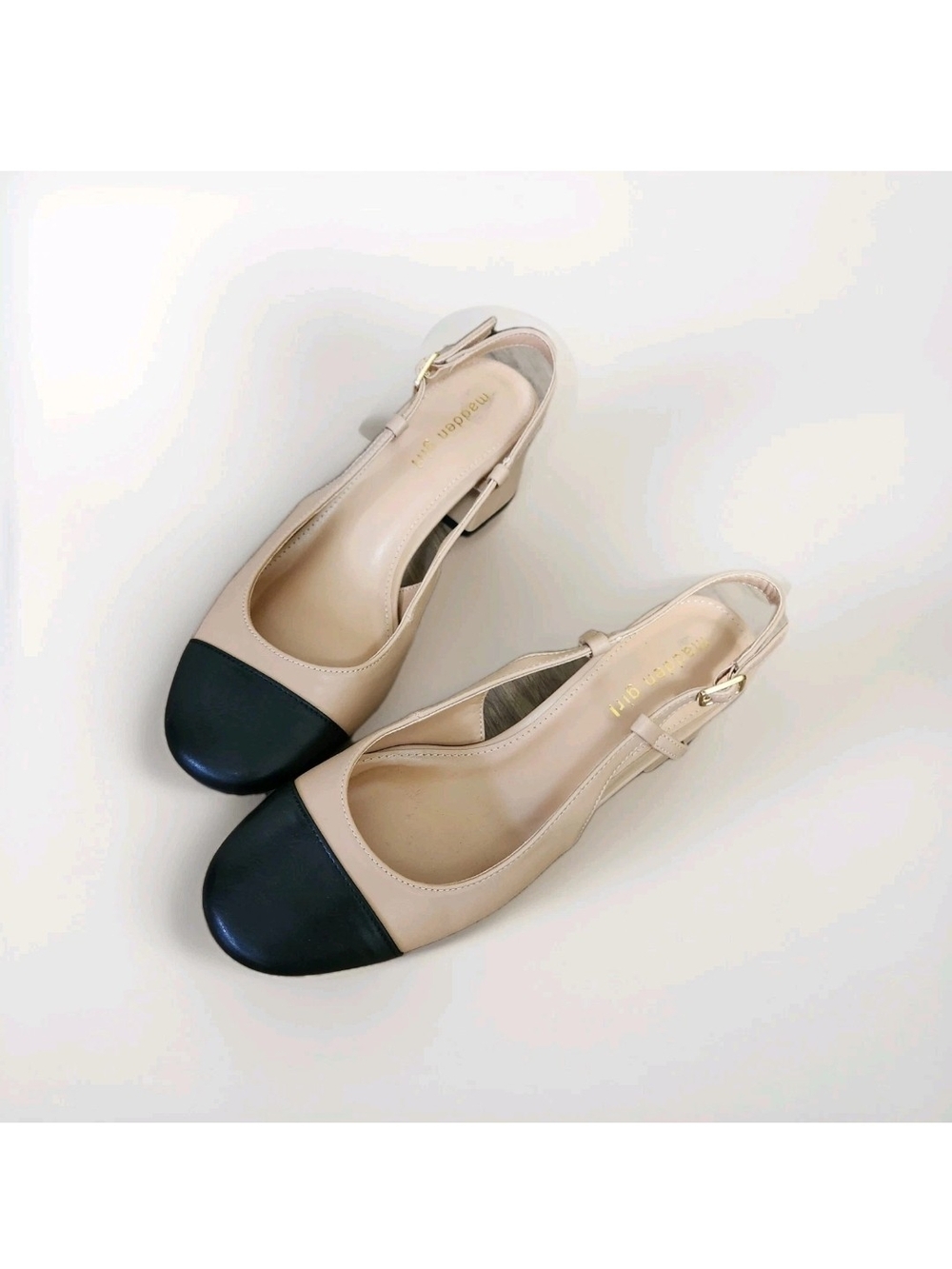 Madden Girl Kiitty Slingback Block Heel Pumps Beige Black Cap Toe Women 9.5 M - Picture 11 of 16